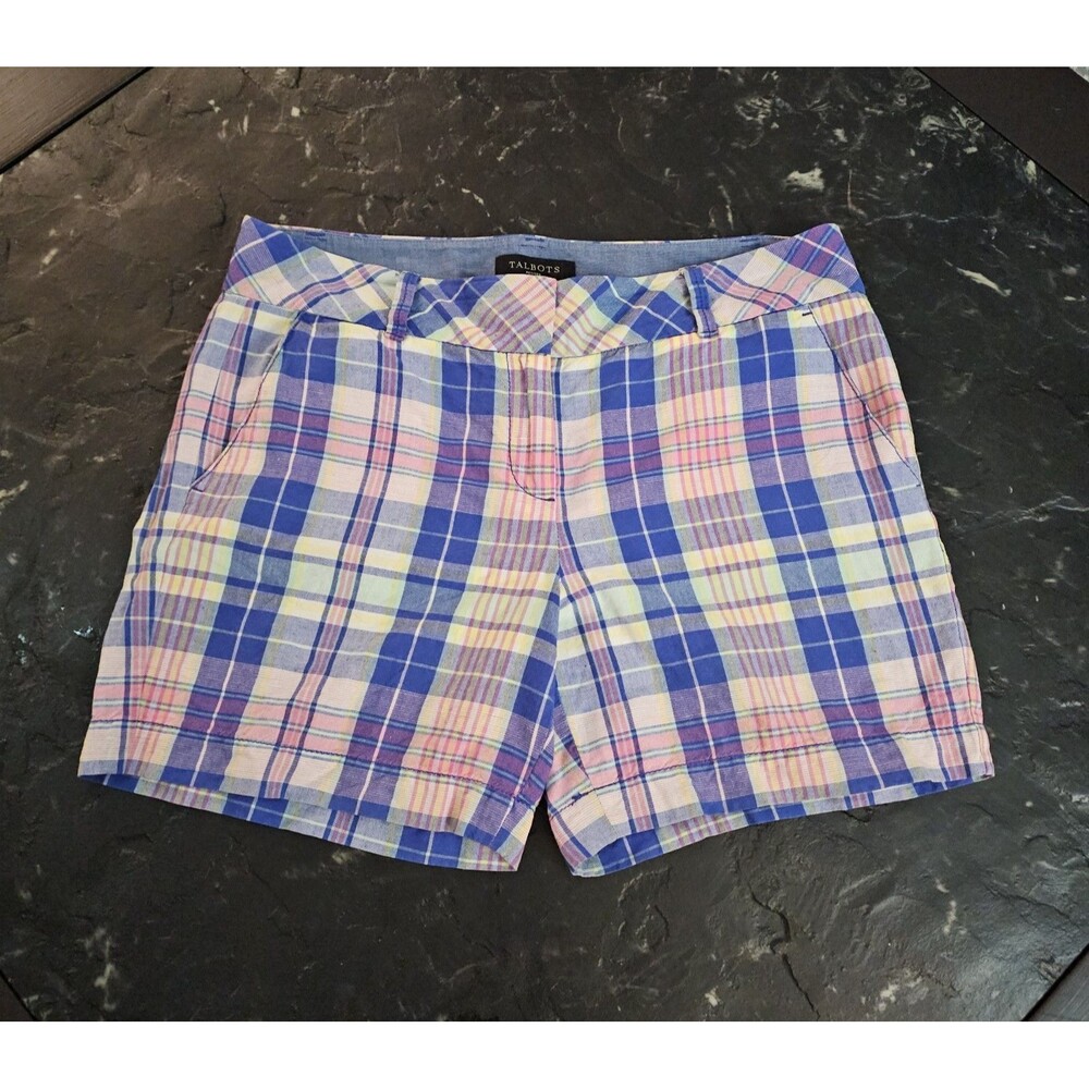 Talbots Petites Linen Blend Madras Plaid Shorts Womens 10P Chino Preppy Classic